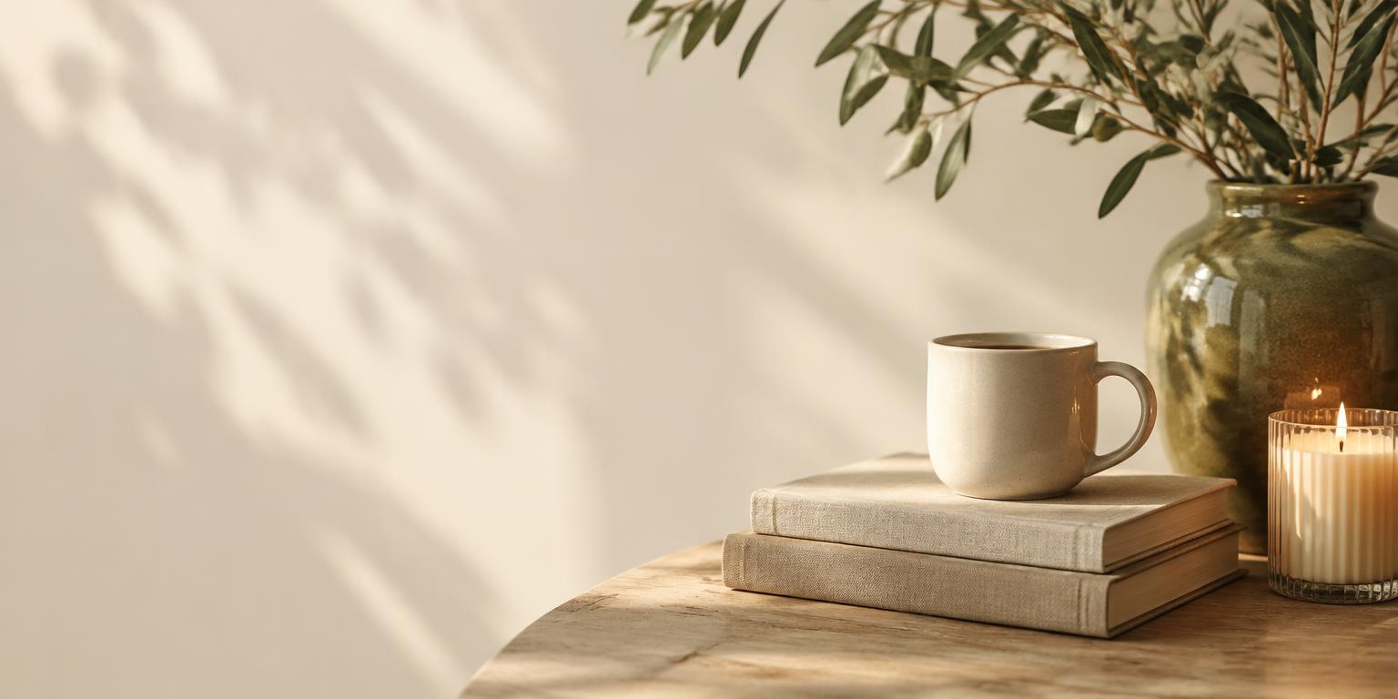 A ceramic mug, candle, and olive branches in a warm, sunlit space